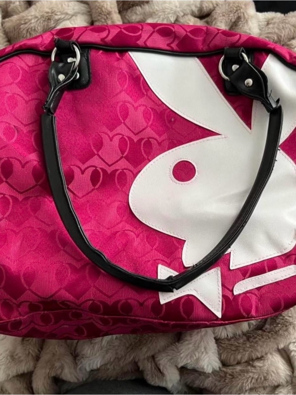 Y2K PLAYBOY Hot Pink Tote with White Bunny Accent and Black Handles